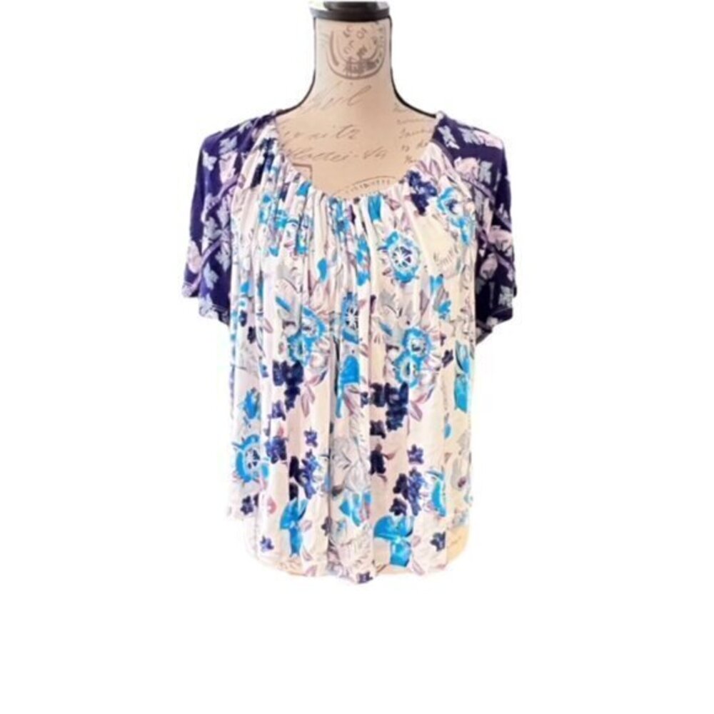 Free People Baja Babe Floral Tie Back Top Blue Cold Shoulder Size Small BOHO